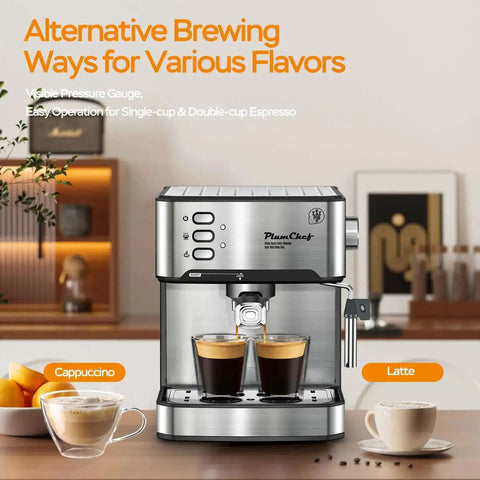 Front view of 20 Bar Espresso Machine With Milk Frother Steam Wand Compact Home Espresso Maker For Latte And Cappuccino.
