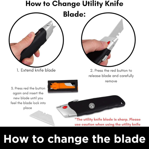 Instructional steps showing how to change utility knife blade for Heavy Duty Utility Knife Set With Retractable Box Cutter And Rubber Handle