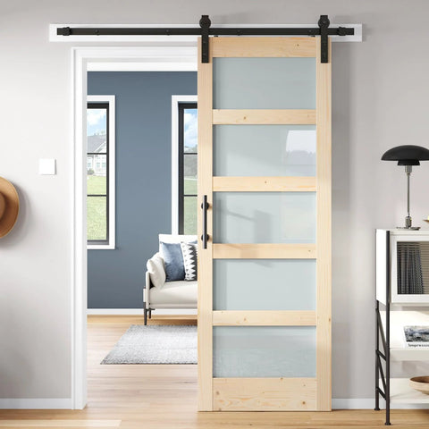 32x84 Inch Glass Sliding Barn Door Slab With 5.5ft Hardware Kit Included, Frosted 5 Panel Glass, Spruce Wood Support in modern room