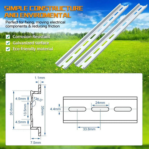 Diagram and image of 12 Pieces 8 Inch Aluminum DIN Rails 35mm Wide 7.5mm High Top Hat Slotted RoHS Heavy Duty Rails Bundle With Extra Premium Screws
