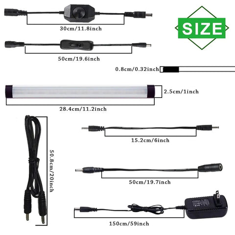 Plug And Play Dimmable Under Cabinet LED Light Bar Kit With Rotary Dimmer Switch, size measurements shown, cables and power adapter displayed