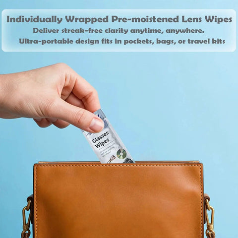 Hand placing Streak Free Lens Wipes For Glasses Phones And Cameras into a brown purse against blue background.