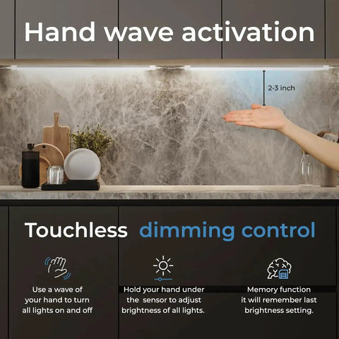 Hand demonstrating Wave On Wave Off Hands Free Under Cabinet LED Lighting Kit, Dimmable 3 Pack 12 Inch, Touchless Dimming Control