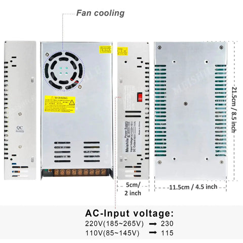 Beefy 24V 25A 600W DC Power Supply Adapter SMPS With Universal 110V 220V AC Input, front and side views with dimensions shown