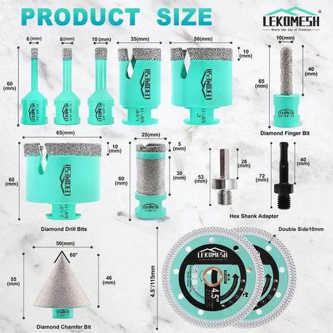 Tile Hole Saw Kit For Porcelain And Ceramic Tiles With Diamond Bits Pro Grade 13 Piece Set Includes Diamond Core Bits Finger Bit Milling Bit Bevel Chamfer Bit SDS Shank Adapter And Hex Shank Adapter LEKOMESH product layout
