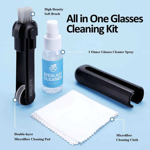 Portable Glasses Cleaning Kit Microfiber Cloth Spray For Streak Free Lenses with brush, spray, and cleaning pad