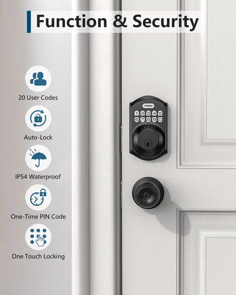 Keyless Door Lock With Keypad Smart Deadbolt Front Door Auto Lock Matte Black installed on white door