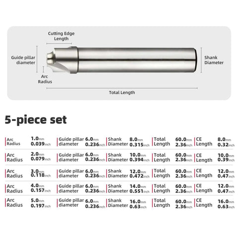 Five Piece Corner Radius Milling Set For Internal Radii R1 Through R5 With HSS 2 Flute Straight Shank End Mills Mold CNC Metal Cutter Kit