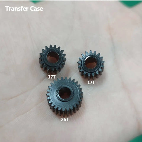 Planetary Gearbox Transfer Case And Short Drive Shaft Skid Plate Front Motor Mount Upgrade Kit gears on hand, 17T and 26T sizes.
