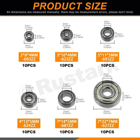 Six Size Carbon Steel Deep Groove Ball Bearing Set With Double Shielding 60 Pieces, dimensions labeled for each size.