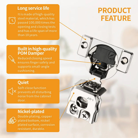 Chibery 2-pack satin-nickel concealed cabinet hinges, 1-1/4 in, face-frame doors, 105° opening, soft-close dampers.