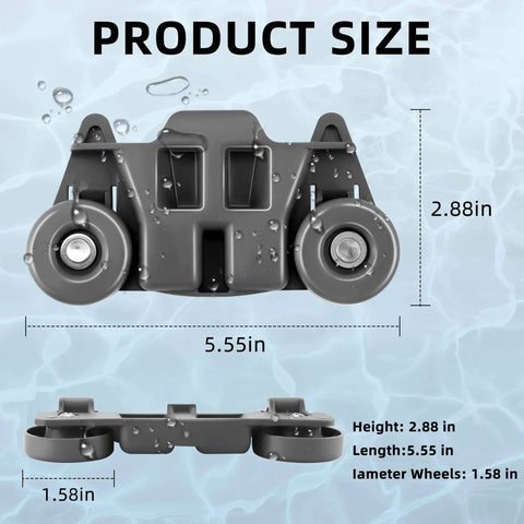 Lower Dishwasher Rack Wheel Kit W10195416V dimensions illustration with water droplets background