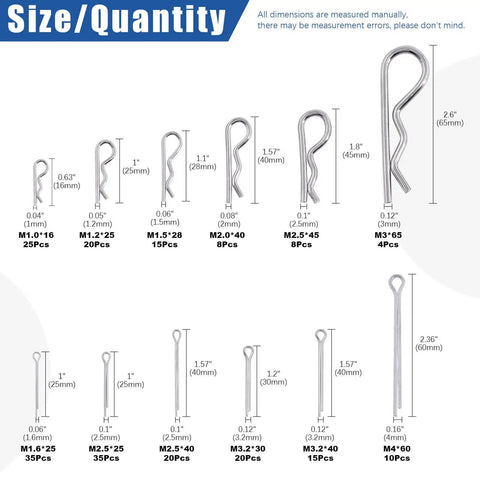 Stainless Steel 304 Cotter Pins And Hairpin R Clips Set 215 Piece Assortment Kit With 12 Sizes For Small Engines Automotive Cars And Trucks Includes M1 To M3 Range For Heavy Duty Everyday Workhorse Pin And Hitch Applications on a size guide chart.