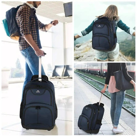 Rolling Laptop Backpack With Wheels For Men And Women Road Trip Ready Travel Carry On Luggage in blue, shown in different travel scenarios.