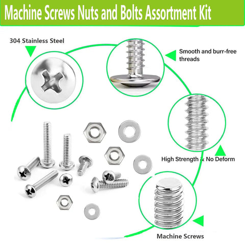 351 Piece Stainless Steel Machine Screws Nuts And Bolts Set With Case Phillips Pan Head Sizes Six Thirty Two Eight Thirty Two Ten Twenty Four 304 Stainless Includes Flat Washers Great For Home DIY Projects And Quick Repairs