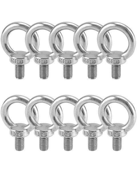 10 Pack Stainless Steel M10 Shoulder Lifting Ring Eye Bolts With Male Thread For Machinery Heavy Duty Ring Shoulder Eye Bolts Rust Resistant 304 Stainless Steel 18mm Length Easy Attach For Lifting And Rigging, front view showing metal finish and markings.