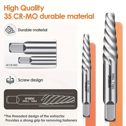 Close-up of two 35 CR-MO screw extractors with screw design and material details from 14Pcs Screw Extractor And Left Hand Drill Bits Set For Removing Stripped Screws And Broken Bolts Easy Out Bolt Remover Kit With Reverse Cobalt HSS Steel Bits For Tough Jobs