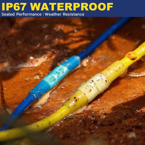 Heat shrink butt connectors kit installed on blue and yellow wires; marine-grade insulated crimp joints.