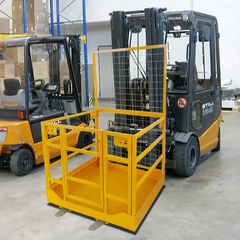 Forklift Safety Cage With Wheels 1400 Lb Capacity Collapsible Aerial Platform attached to forklift in warehouse.