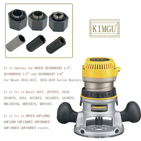 Router Collet Chuck And Nut Set With Reducer Sleeves for Bosch 1617 and DW618 routers, shown with components and compatible models.