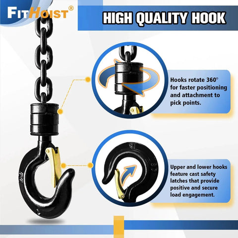 Close-up of 1 Ton Hand Chain Hoist with 20 Ft Chain in G80 manganese steel, showing dual heavy duty hooks and 360° rotating feature.