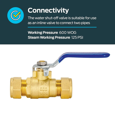 Heavy Duty One Half Inch Compression Full Port Brass Ball Valve For Plumbing, Eastman 20096LF Inline Shutoff Valve
