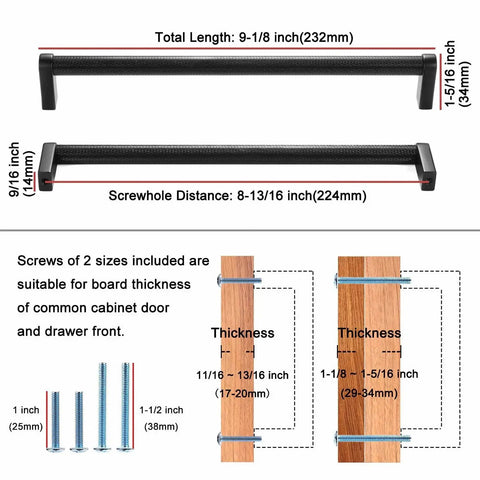 Diagram of Knurled Black And Nickel Cabinet Pull Handle For Kitchen Cabinets And Dressers with dimensions and screw sizes.