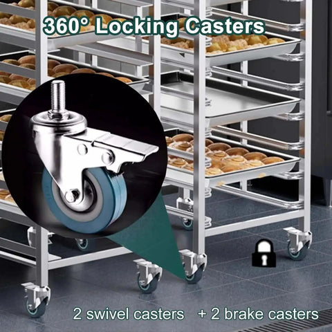 Close-up of 8-Tier Stainless Steel Bakery Cooling Rack On Wheels With Brakes, showing locking casters and baking trays.