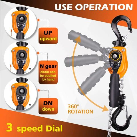 Image showing the operation of a 0.5 Ton Mini Lever Block Chain Hoist With G80 Chain And Hook 6M Lift with 3-speed dial and rotation.