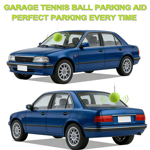 Garage parking aid (2-pack) with tennis ball; front and rear views of blue sedan