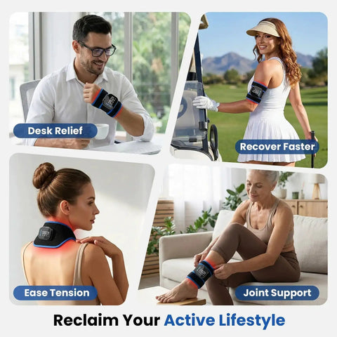 Infrared Heated Wrist Wrap with Vibration Massage for Carpal Tunnel and Arthritis used by people in various activities.