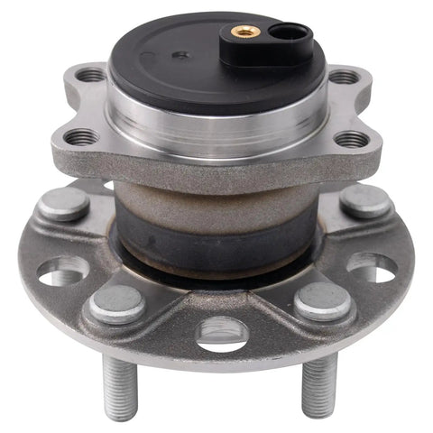 Front view of a metallic rear wheel bearing and hub assembly from the Two Piece Rear Wheel Bearing And Hub Assembly Set For Mitsubishi Lancer 2008 To 2017 And Outlander 2011 To 2012 Outlander Sport Rear Driver And Passenger Side Kit.