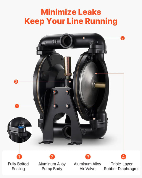 VEVOR air-operated double diaphragm pump, aluminum alloy body, 1 in inlet/outlet, for diesel, grease, kerosene & oil