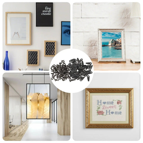 50 Pcs Picture Frame Backing Clips With Screws Black Turn Button Hardware For Hanging Photos Artwork Gift Boxes And Decoration Boxes Easy Install Durable Plastic Frame Fasteners 18mm Long 7mm Wide 8mm Screws shown with framed art and decor
