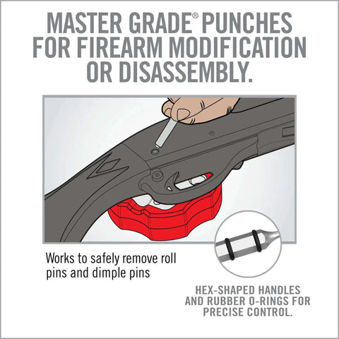 Accu Punch 11 Piece Roll Pin Punch Set used for firearm modification, shows a hex-shaped handle with rubber O-rings for precise control.