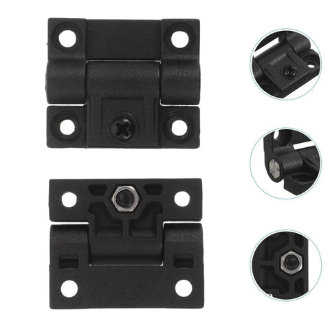 Adjustable Plastic Cabinet Door Hinges For 90 Degree Folding And Torque Friction Small Black Hinges For Kitchen Cabinets 1 Pair With Position Control Built To Last By Outanaya, shown in close-up and installed view