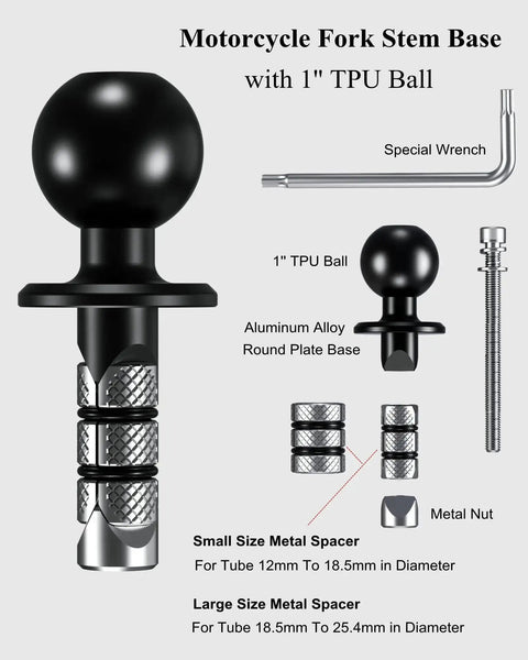 Beefy Metal Motorcycle Fork Stem Mount Base With 1 Inch TPU Ball For Stem Holes 12mm To 25.4mm Includes Dual Spacer Set