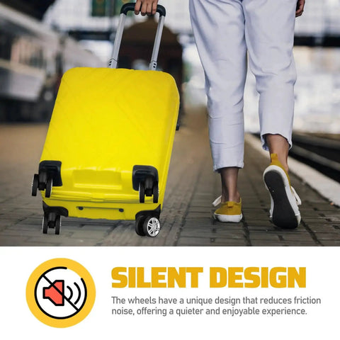 Yellow suitcase with 4 Pcs Universal Suitcase Wheel Replacement Set Heavy Duty Luggage Casters Quiet Dual Row Design on train platform