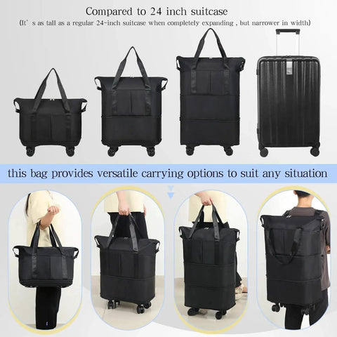Rolling Duffel Bag With Wheels For Travel Expandable And Foldable Large Capacity Carry On Luggage Bag Black, size comparison to suitcase