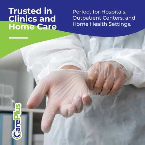 Person putting on Latex Free Vinyl Gloves Large 100 Count Heavy Duty Powder Free For Food Prep in a medical setting.