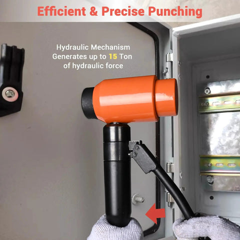 15-Ton Hydraulic Knockout Punch Kit With 10 Dies used on metal box, showcasing hydraulic force for precise punching.