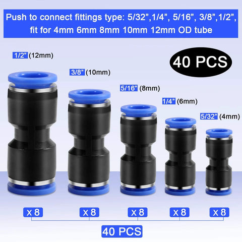 Push-to-connect pneumatic fittings kit, 40 pcs; black bodies with blue ends; sizes 1/2, 3/8, 5/16, 1/4, 5/32 in.