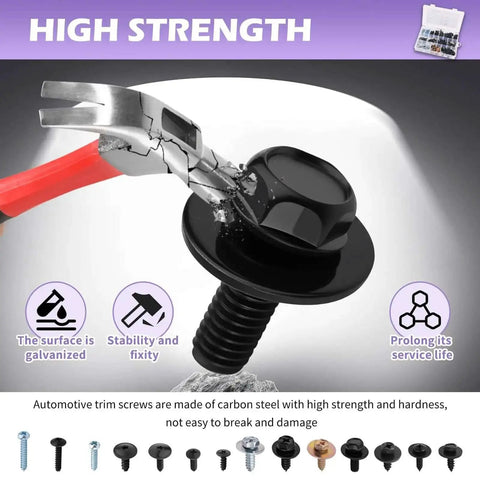 Close-up of carbon steel auto screw from 160 Piece Metal Car Screw Kit With 14 Size Options Pan Head Self Tapping Screws DIY Friendly Retainer Clips showing high strength against hammer impact
