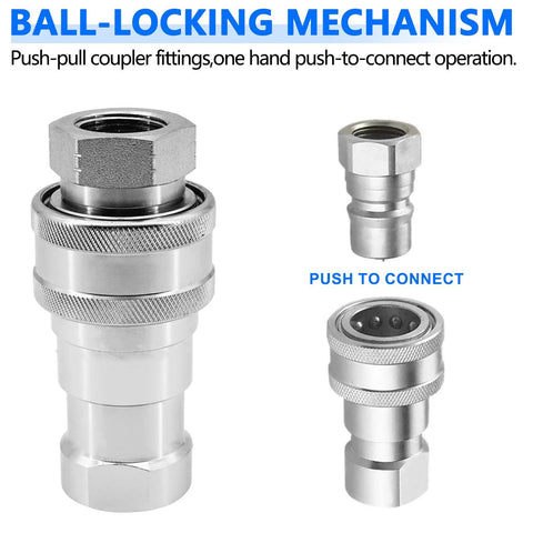 2 sets of 3/8 in NPT hydraulic quick couplers in silver metal with knurled rings and dust caps, Pioneer ISO 7241-B style