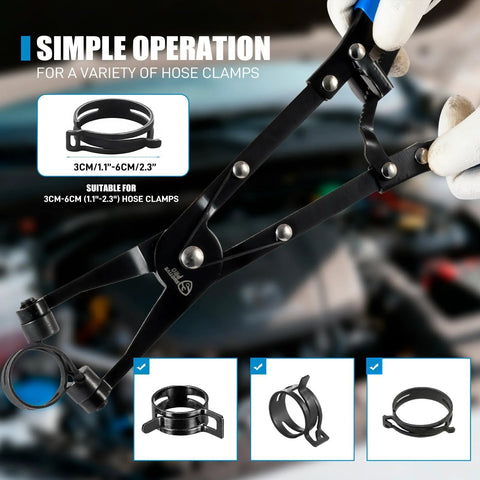 Three Piece Hose Clamp Pliers Set With Locking Assist Featuring 45 Degree 90 Degree And Straight Heads Rotatable Clamp Jaw Professional Hose Clamp Tool For 1.1 To 2.3 Inch Hose Clamps Designed For One Person Installation And Removal.