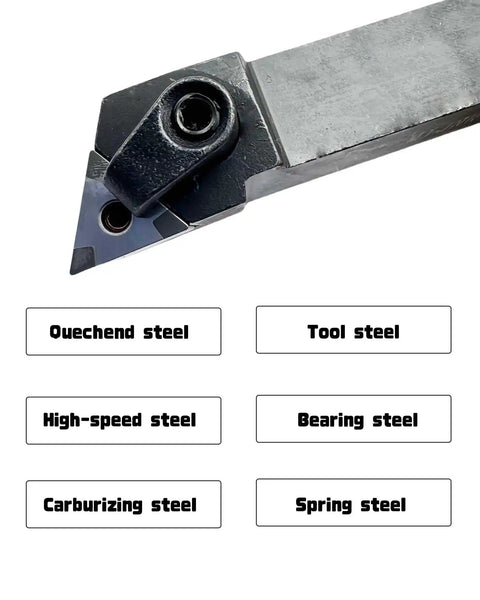 Close-up of CBN turning inserts set with MTJNR1616H16 tool holder for hardened steel applications, including various steel types.