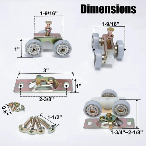 Sliding Pocket Door Top Hanger Rollers Wheels Assembly For 1125 And 1500 Hardware Kit showing zinc alloy construction dimensions