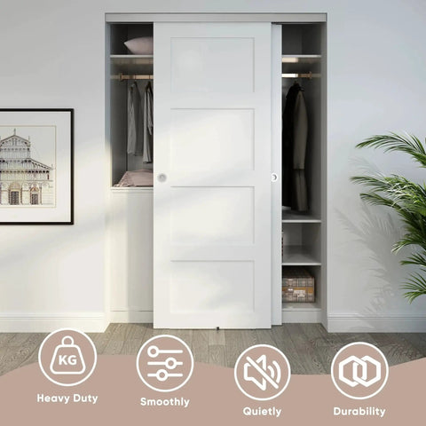 Heavy Duty Bypass Door Hardware With Soft Close For Two Sliding Closet Doors, 60 Inch Track, installed in a bedroom closet