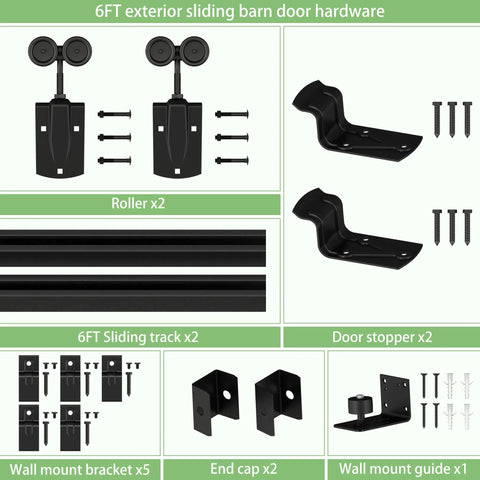 6Ft Black Exterior Sliding Barn Door Hardware Track Kit with rollers, wall brackets, and end caps for heavy-duty outdoor use