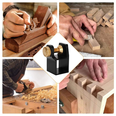 Pro Grade Dovetail Saw Guide Jig With Aluminum Alloy Magnetic Right Angle Six Dovetail Guides For Precise Woodworking And Wood Joint Jigs Double-Sided Design For Easy Edge Switching shown with woodworking scenes.